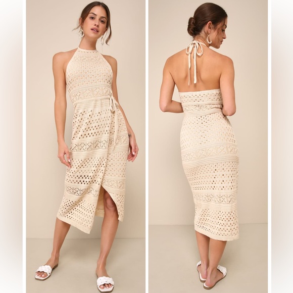 Lulus Blissful Strolls Beige Crochet Faux-Wrap Halter Midi Dress Size Small Boho - Picture 1 of 8